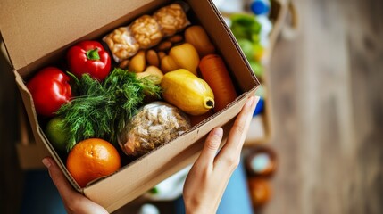 A person holds a cardboard box filled with assorted fresh fruits and vegetables, showcasing vibrant colors and organic richness, ready for a healthy meal preparation at home