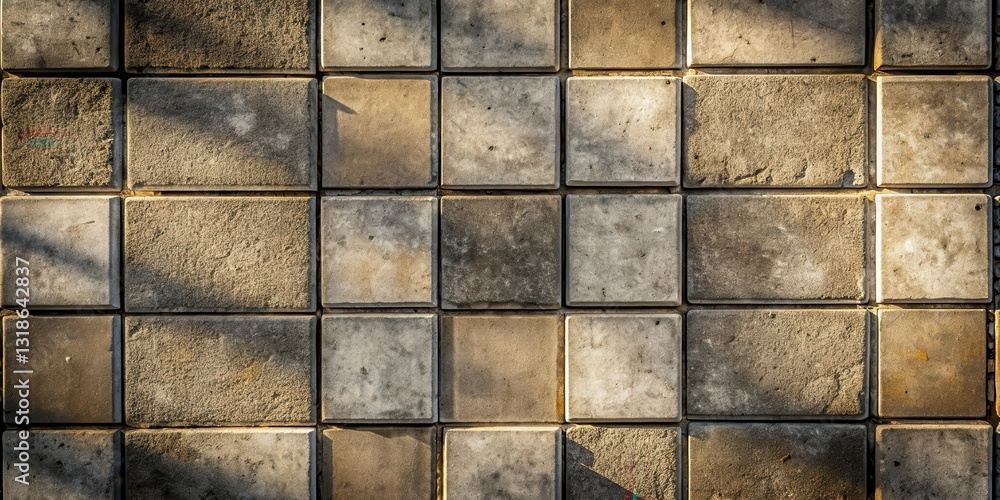 Poster a close-up view of an old concrete brick wall with uneven texture and light shadows