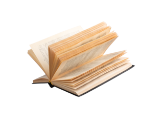 Old book with weathered pages, vintage literary charm. Classic literature, history, education, and research concept. Rare library collection. Isolated on white background..