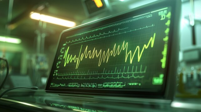 A monitor shows fluctuating vital signs in a hospital setting, indicating critical health conditions during an emergency. The atmosphere is tense, with medical staff attending nearby