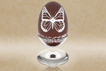 Uovo di Pasqua di cioccolato decorato, con supporto in vetro, isolato su sfondo pergamena..