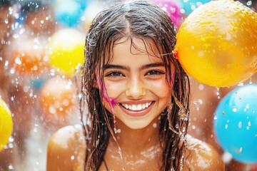 Naklejka premium Joyful friends enjoying a colorful water balloon fight on a sunny summer day at the beach