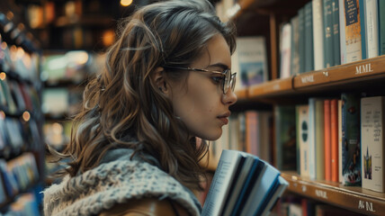 Young woman in the bookstore and looking to the books