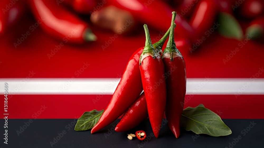 Poster three red peppers are on a table with a leafy green plant. the peppers are arranged in a pyramid sha