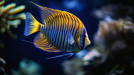 Obraz premium Vibrant striped angelfish in deep sea coral reef habitat