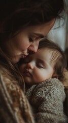 Tender moment between young caucasian mother and sleeping baby in cozy embrace