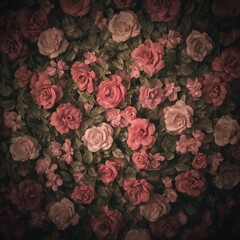 Abundant floral background. Red and white roses among green foliage, textured