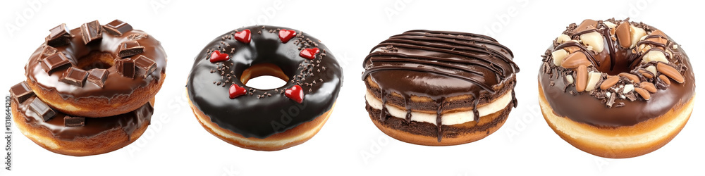 Poster chocolate donuts with various toppings on transparency background