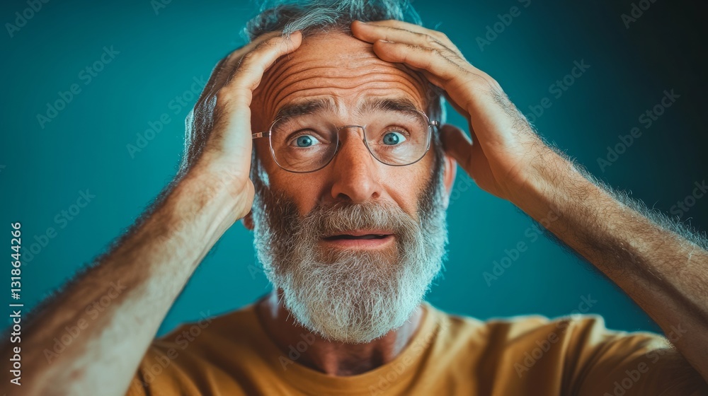 Poster man with a beard and glasses is looking up at the camera with a surprised expression. he is wearing 