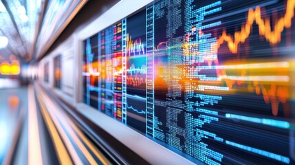 A modern financial news agency window displaying stock market tickers, digital analytics, and economic reports, real time business updates, corporate journalism