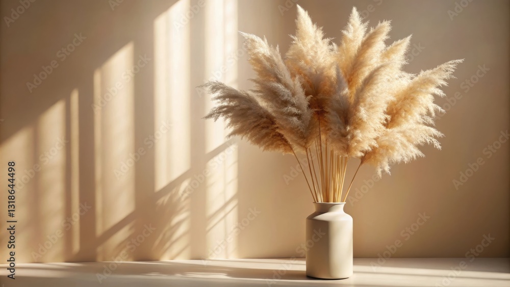 Poster A Simple Arrangement of Pampas Grass in a Ceramic Vase with Light Casting Soft Shadows on a Neutral Background