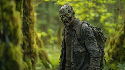 Fototapeta premium A disheveled figure stands among dense greenery in a forest at dusk, with glowing eyes and a torn outfit. The eerie vibe reflects a post-apocalyptic theme