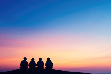 Silhouettes of soldiers against vibrant sunset, evoking reflecti