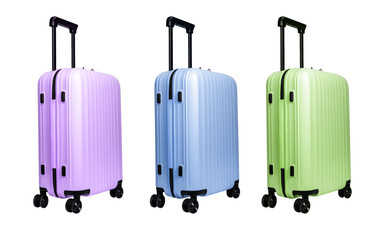 Suitcase with wheels and handle, stylish travel baggage for vacation, business trip, and tourism. Modern design, hand luggage concept, and journey essentials. Isolated on white background..