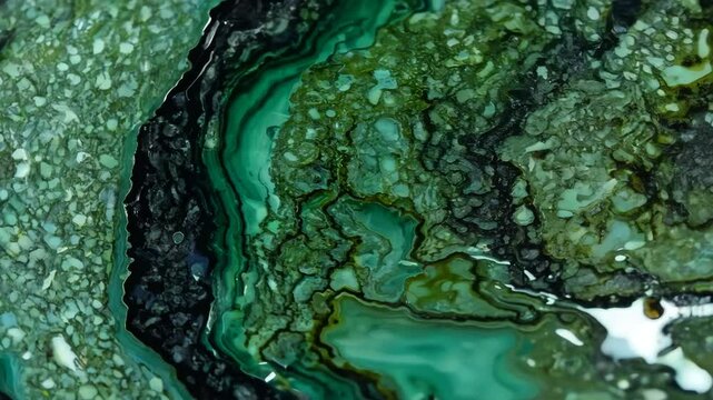 Close-up of a vibrant green and black Kambaba Jasper agate stone texture, showcasing intricate patterns and layers. mineral pattern texture beauty. Filled stone background for advertising. Macro.