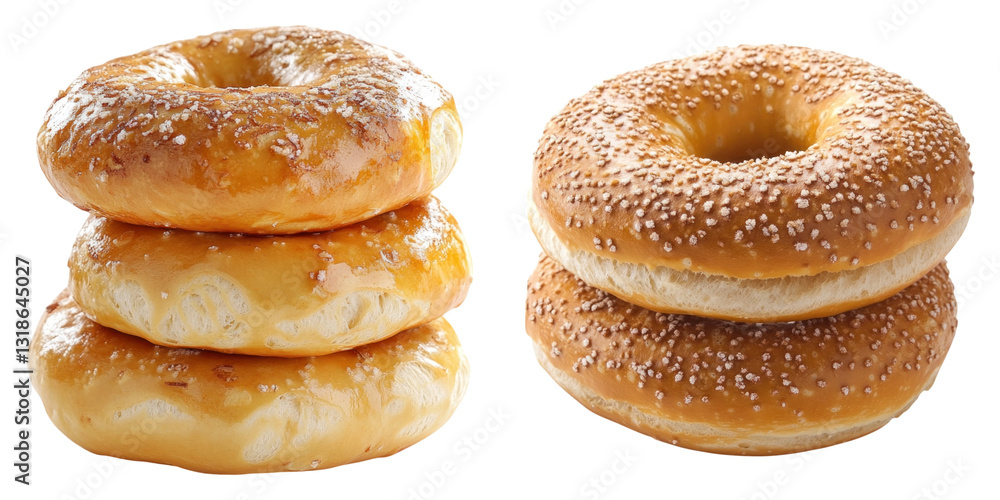 Poster stack of shiny bagels and two salted bagels on transparency background