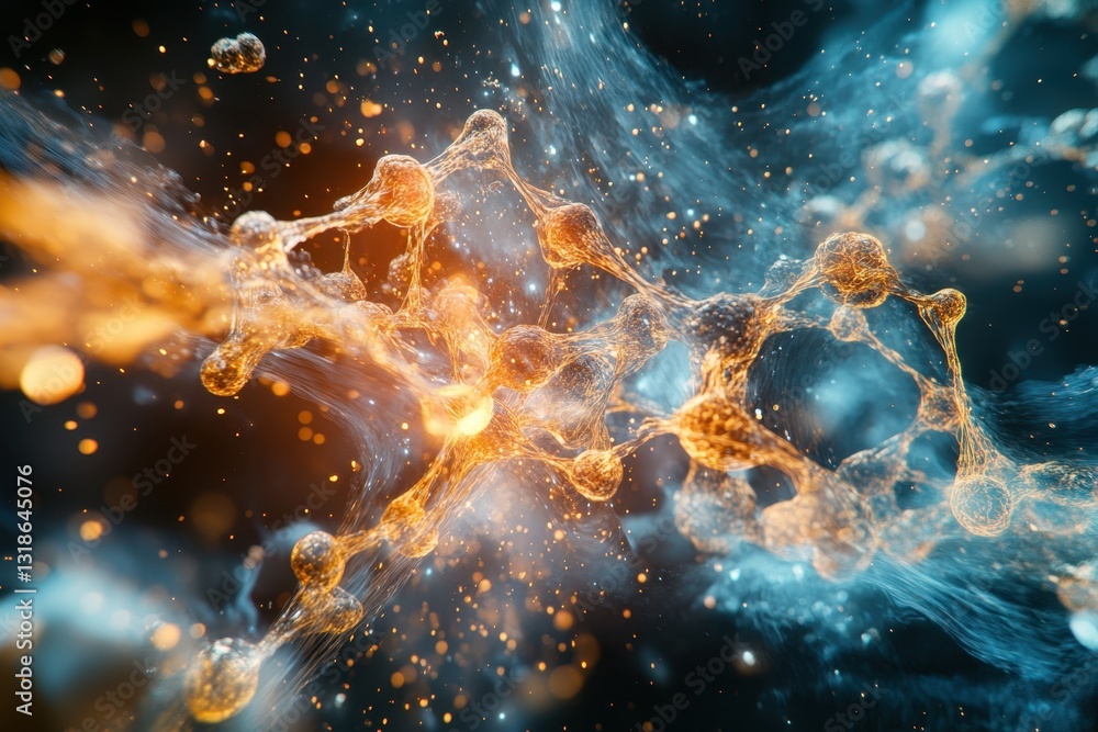 Poster beautiful visualization of molecular structures with vibrant colors and complex patterns in space