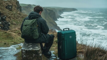 A lone traveler sits on a rocky outcrop, surrounded by lush green grass and steep cliffs. Rain falls steadily as ocean waves crash dramatically below. A suitcase rests nearby