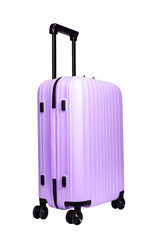 Violet suitcase with wheels and handle, stylish travel luggage for vacation, business trip, and tourism. Compact hand baggage for airport and flight. Isolated on white background..