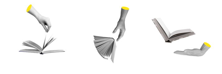 Woman holding book, study and education concept, literature, poetry, and reading. Modern abstract creative collage, minimal artwork, and university learning. Isolated on white background..