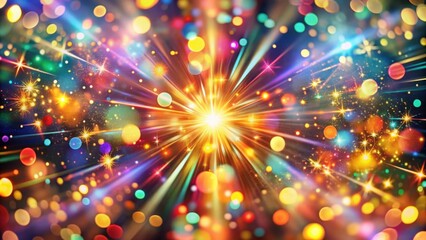 A dazzling burst of light and color with swirling streaks of radiant energy, a festive backdrop of glimmering stars and bokeh circles, evoking a sense of celebration and joy.