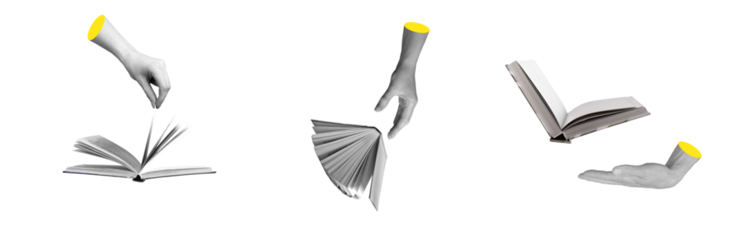 Woman holding book, study and education concept, literature, poetry, and reading. Modern abstract creative collage, minimal artwork, and university learning. Isolated on white background..