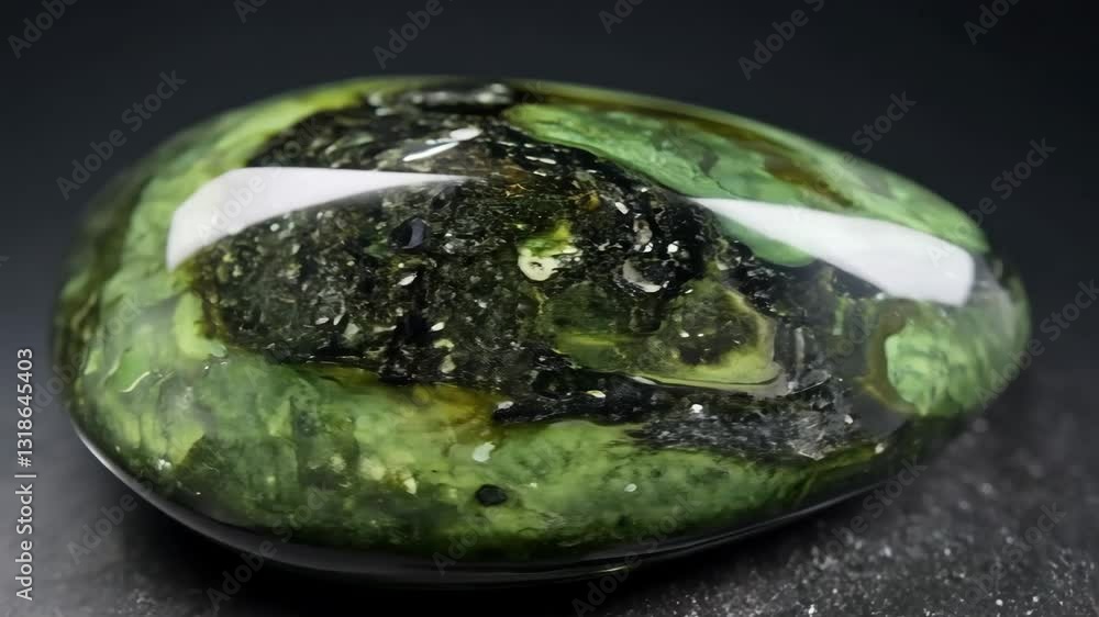 Poster close-up of a polished green and black kambaba jasper gemstone with a glossy surface, showcasing int