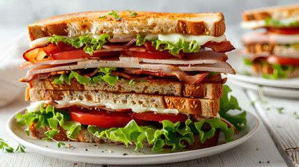 Classic Club Sandwich with Turkey, Bacon, Lettuce, and Tomato on Toasted Bread

