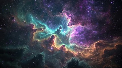 Obraz premium A stunning nebula unfolds in the night sky, displaying a mix of vibrant colors and intricate cloud formations. Stars twinkle amid the cosmic backdrop, creating a captivating celestial view