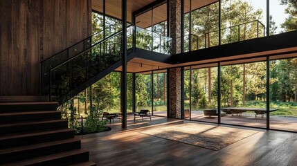 A contemporary home showcases large windows allowing natural light to flood the interior while looking out onto a lush forest. The open space features wooden accents and minimalist furniture