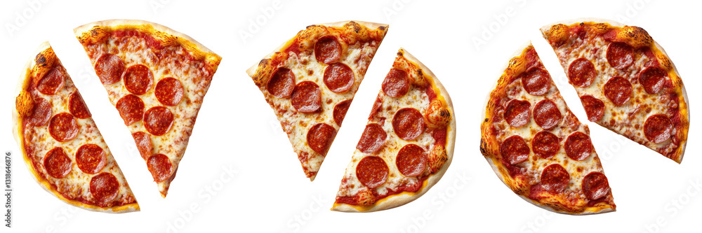 Poster slices of pepperoni pizza arranged in row on transparency background