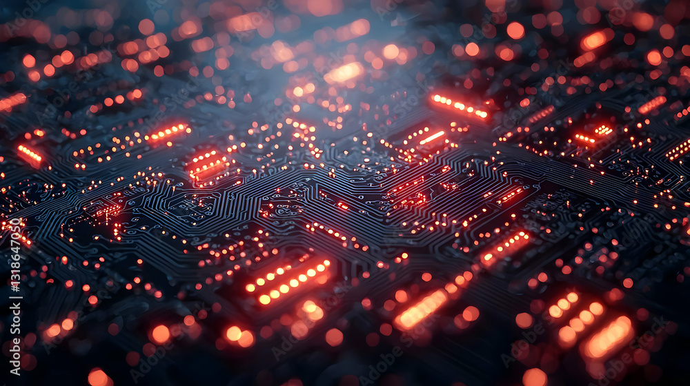 Aufkleber abstract circuit board with red glowing lines and dark background