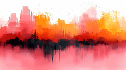 Abstract Cityscape Painting with Red Orange and Pink Brush Strokes