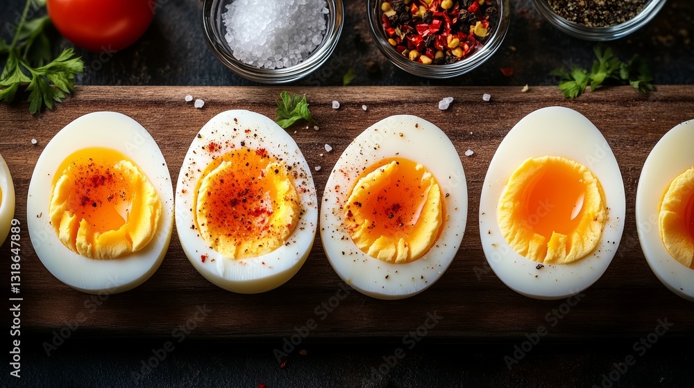 Poster close up of six egg yolks with a sprinkle of salt and pepper. the yolks are arranged in a row on a w