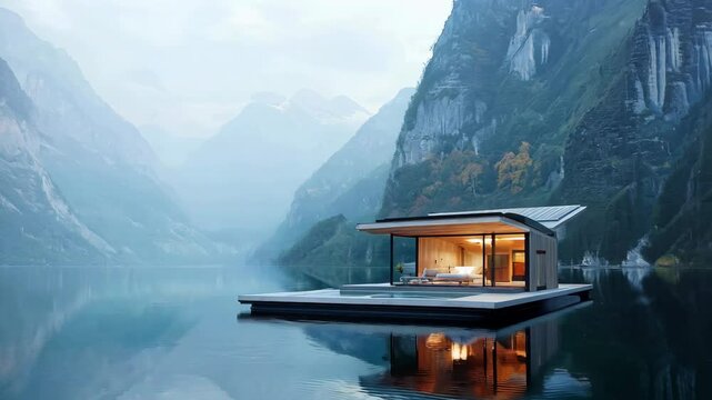A mountain Norway lake with a modern floating house powered by renewable energy, showcasing the versatility of off-grid living.