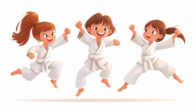 Three cute cartoon girls at akido practice happy and smiling in a white gi or kimono