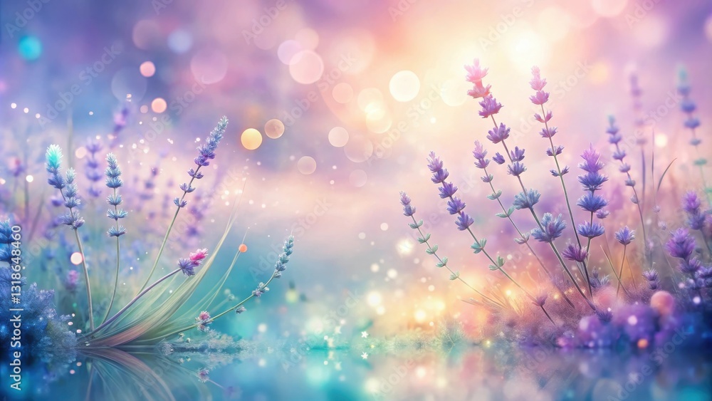 Poster lavender blossoms in a dreamlike field of light and color, with delicate bokeh creating a magical at
