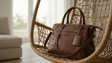 Brown leather handbag sits comfortably on swing chair in modern living room Focus on stylish interior decor and cozy atmosphere