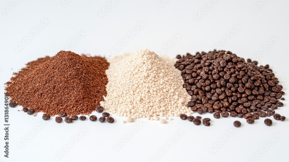 Poster three distinct piles of cocoa powder, cocoa nibs, and cocoa butter on a clean surface, showcasing te