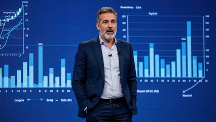 Caucasian businessman presents data analysis on stage at a corporate conference with graphs showcasing business trends and growth