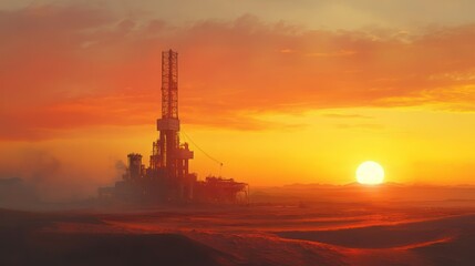 Desert Oil Rig Sunset Drilling