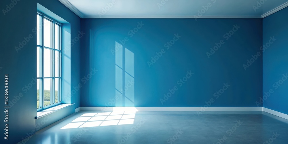 Fototapete empty room with a window casting a pattern of light on the blue walls and concrete floor