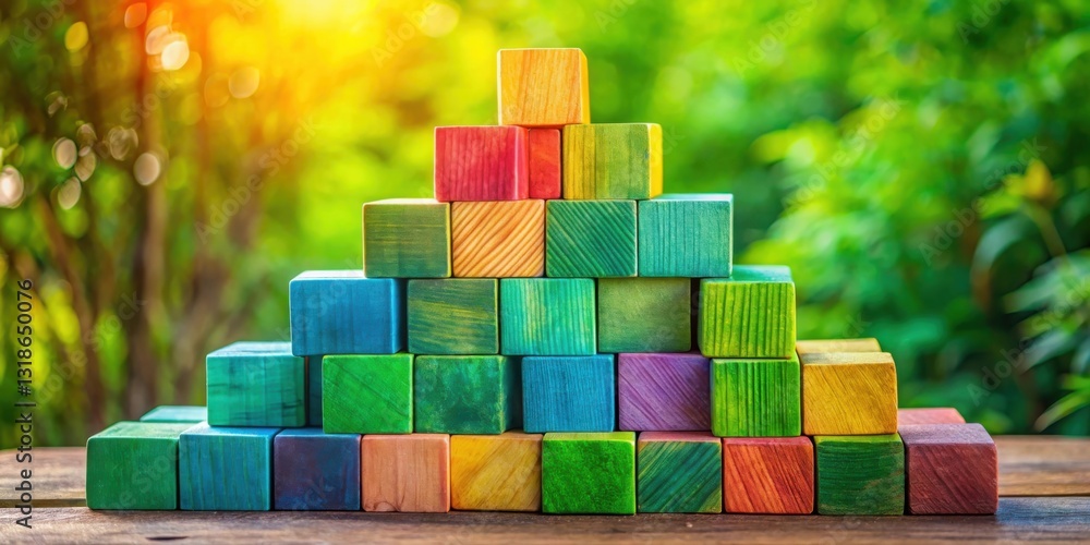 Poster A Colorful Pyramid of Wooden Blocks Arranged in a Creative Pattern, Displayed Against a Vibrant Green Background with a Warm Sunlit Haze