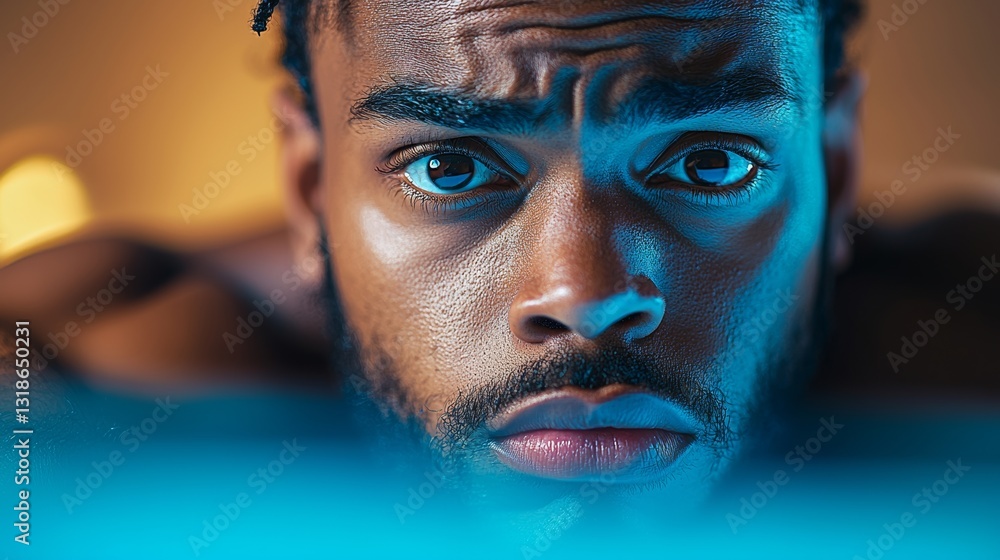 Poster man with a beard and dark eyes is looking at the camera. the image has a moody and intense feel to i