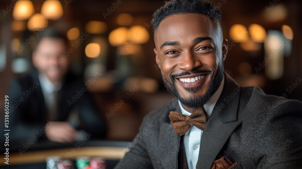 Poster man in a suit and tie is smiling and wearing a bow tie. he is sitting at a table with a deck of card