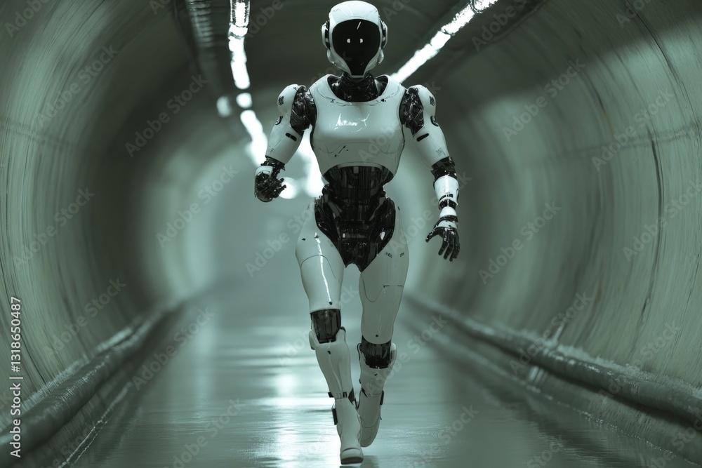 Aufkleber robot walking in a dimly lit corridor during an advanced technology demonstration event