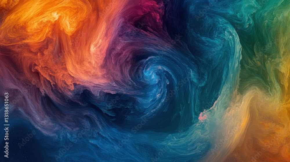 Poster vibrant swirling colors in a cosmic backdrop, creating an abstract representation of energy
