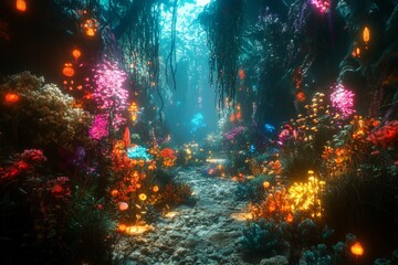 Fototapeta premium Underwater garden filled with colorful coral and luminous plants in a tranquil ocean environment