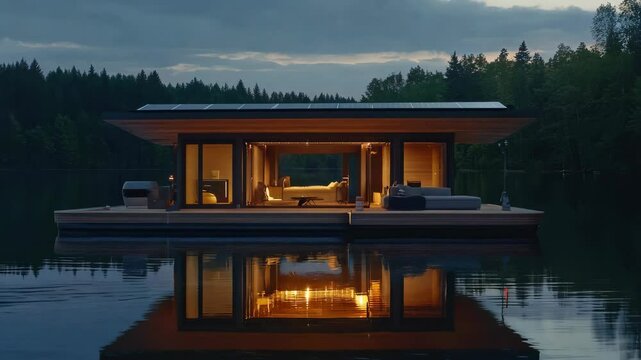 A serene lake with a floating modern house powered by renewable energy, showcasing the versatility of off-grid living.