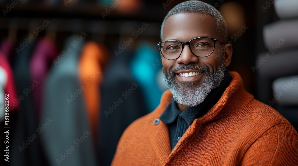 Poster man with glasses and a beard is smiling in front of a rack of clothes. concept of warmth and comfort
